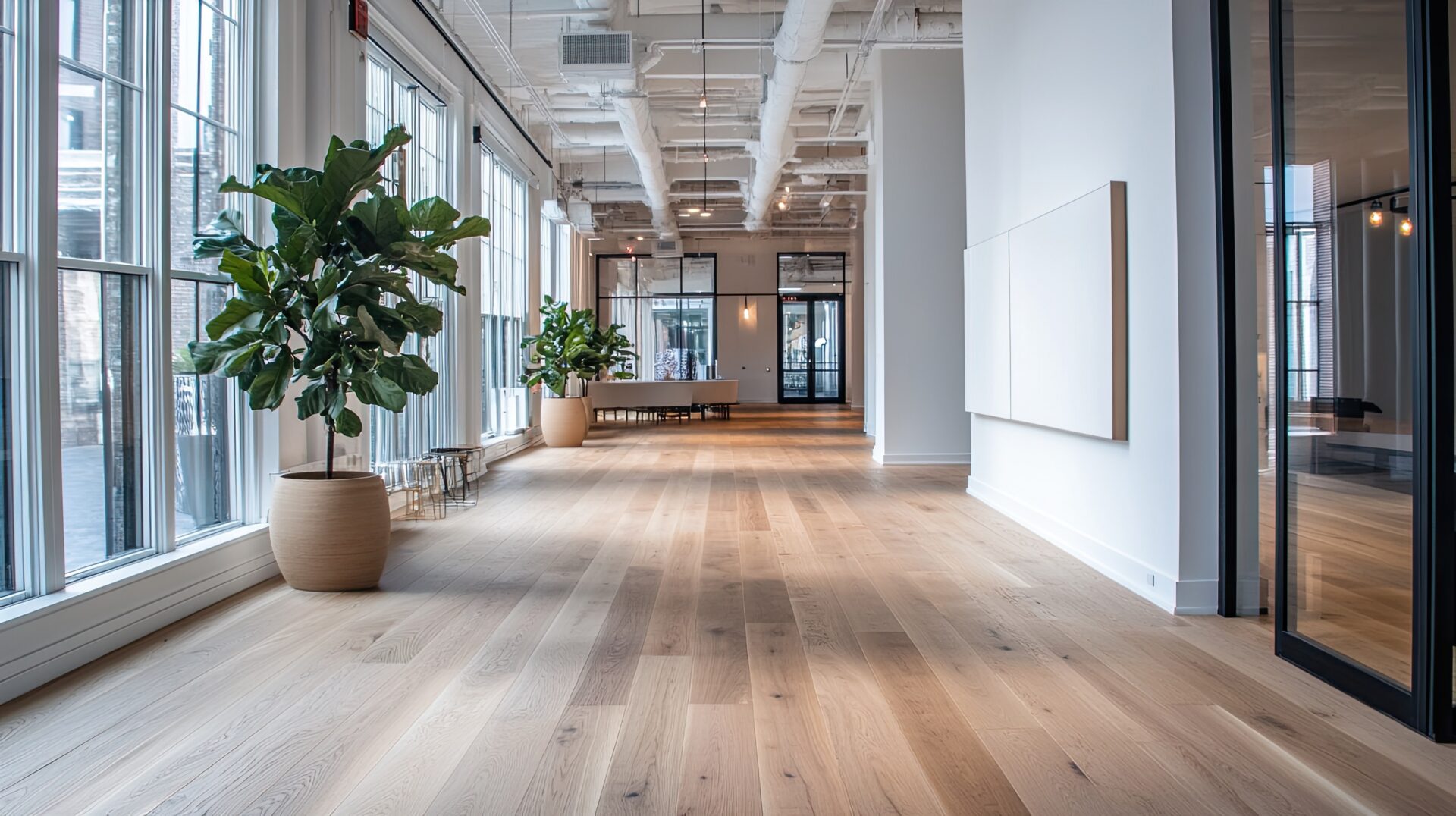 The natural beauty of hardwood flooring in a commercial building, adding warmth and elegance to the sleek, open space.