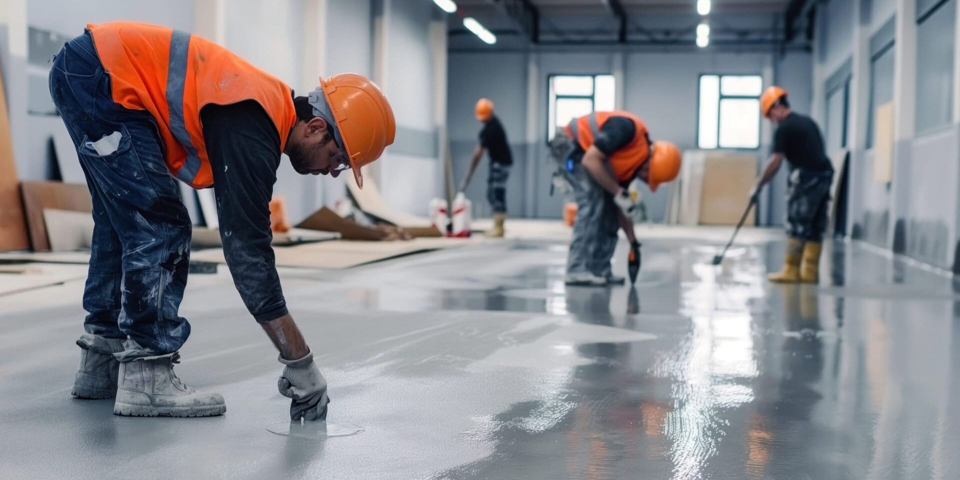 Construction workers smoothing wet concrete floor