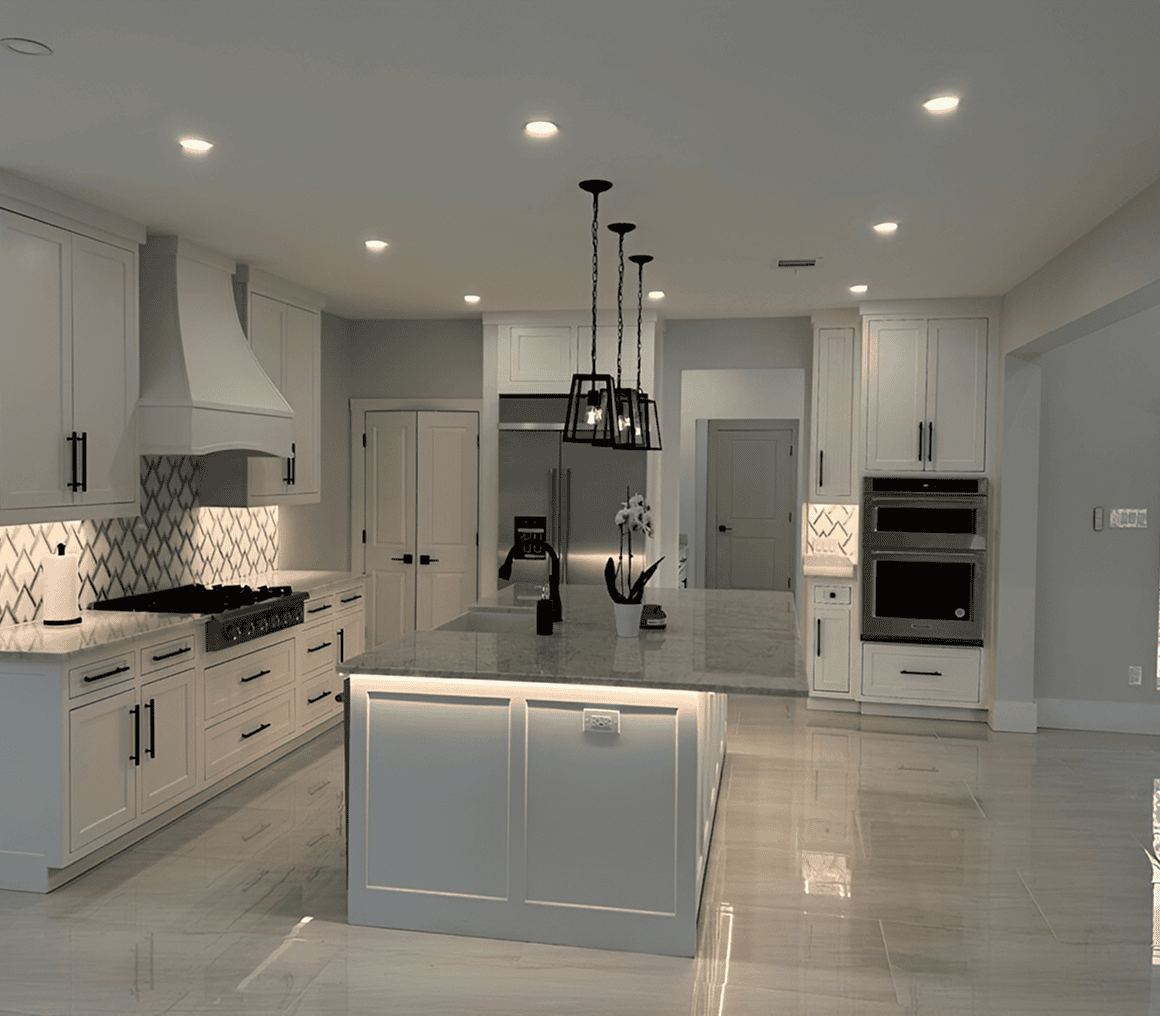 Modern kitchen with island and pendant lights