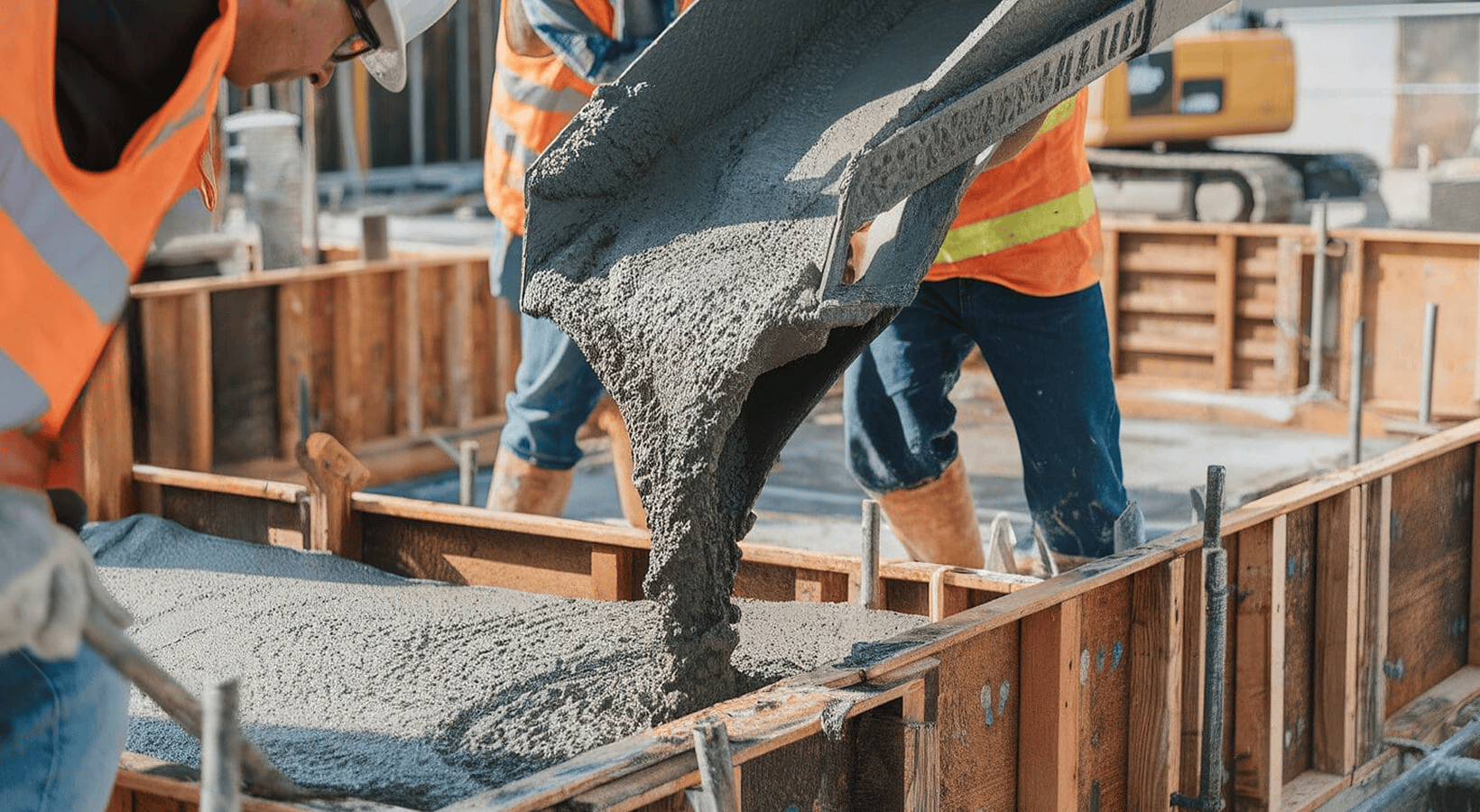 Workers in safety vests handling concrete pour